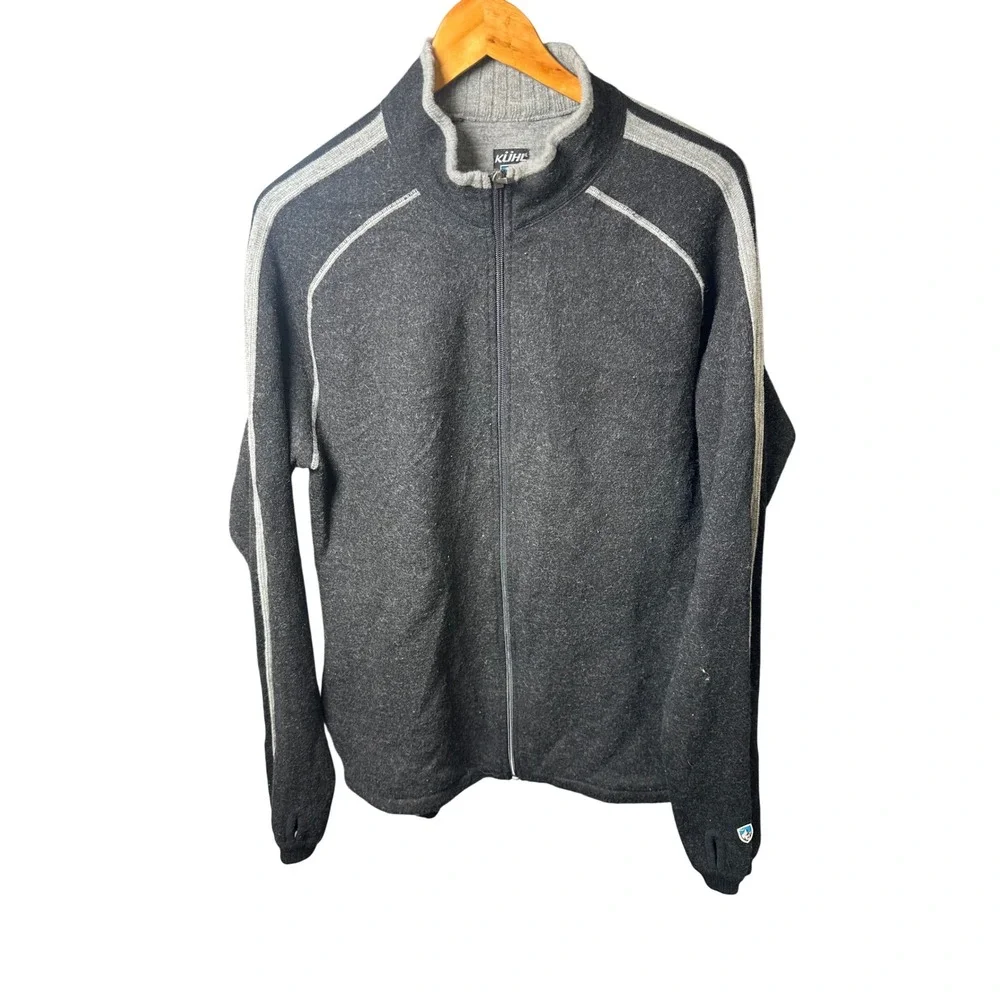 Kuhl Mens Large Full Zip Boiled Merino Wool Sweater Charcoal Grey Mock Neck
